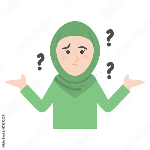 Vector illustration of a hijabi woman wondering with question marks