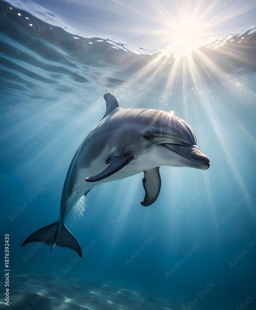 Obraz premium Playful dolphin swimming in deep blue ocean with sun rays.