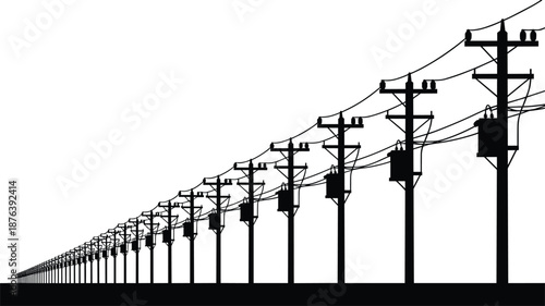Electric power transmission pole silhouette with perspective overhead lines infrastructure energy distribution black and white vector illustration