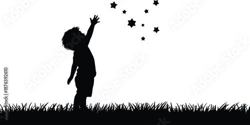 Child reaching for stars silhouette vector illustration with grass and floating stars for dream, wonder, and childhood aspiration themes