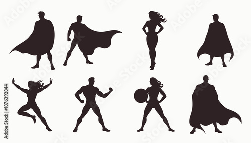 silhouettes of diverse superheroes in dynamic poses 