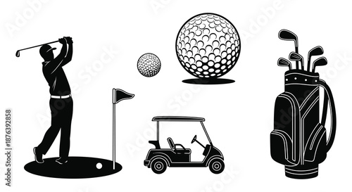 golf themed icons including player golf ball flag golf cart and bag silhouette high quality professional