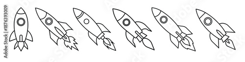 Six Black Outline Rockets Launching Upward spaceship