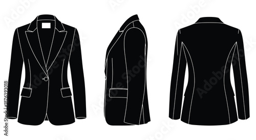 detailed technical drawing of a black jacket with white outlines silhouette high quality professional modern elegant