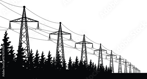 Electric, high-voltage, power, transmission, towers, silhouette, forest, energy, infrastructure, electricity, grid, pylons, overhead, lines, industrial, technology, black, white, illustration