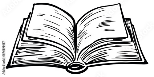 Hand drawn line art illustration of an open book depicting blank pages for education and knowledge