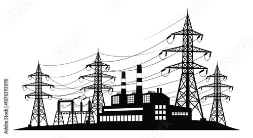 industrial power plant with transmission towers and lines silhouette high quality professional detailed modern elegant stylish