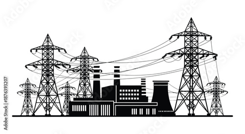 industrial power plant with transmission towers and lines silhouette high quality professional detailed modern elegant stylish