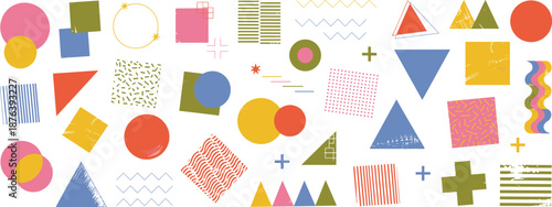 Colorful geometric shape and pattern vector illustration with circles, squares, triangles, and plus signs for design, education, and abstract themes
