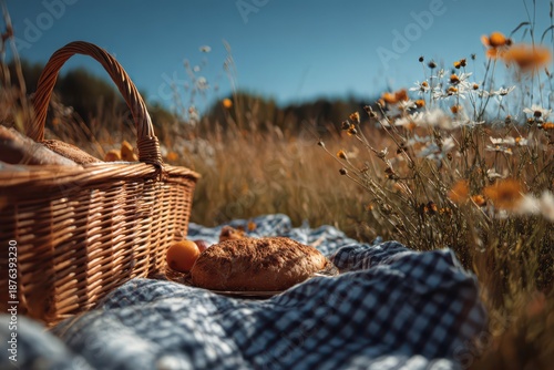 Sunlit meadow picnic blanket spread on green grass