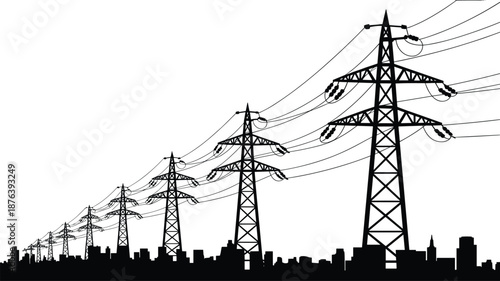 Electric, high-voltage, power, transmission, towers, silhouette, urban, city, skyline, energy, infrastructure, electricity, grid, pylons, overhead, lines, industrial, black, white, illustration