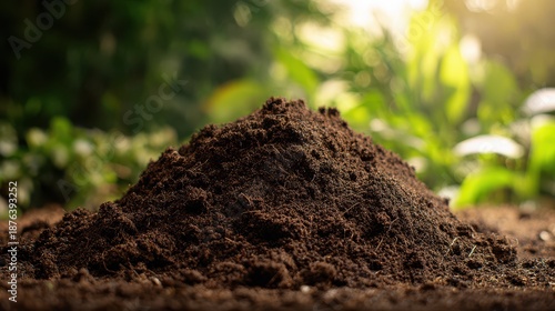 Sunlit mound of rich garden soil with crumbling loam texture in natural outdoor setting