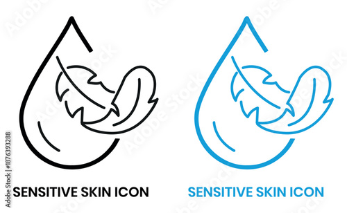 Sensitive Skin Icon Set with Organic Cosmetic Skin Care Elements for Healthy Hydrated Skin, Black Line Flat Vector Labels, Logos, Badges and Symbols.