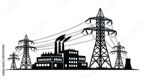 industrial power plant with transmission towers and smokestacks silhouette high quality professional detailed modern elegant stylish