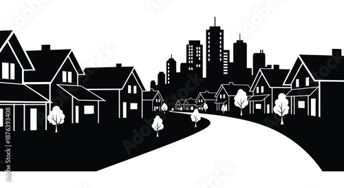 a black and white cityscape with houses and skyscrapers in silhouette high quality professional detailed modern