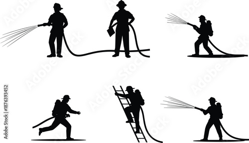 Firefighter silhouettes performing rescue and fire suppression actions, emergency response professionals with hose and ladder, safety service illustration