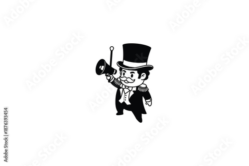 Rich man in top hat and coat holding megaphone  wealthy character illustration