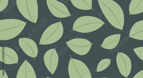 Seamless botanical pattern of fresh light green leaves gently scattered across a deep, muted dark green background.