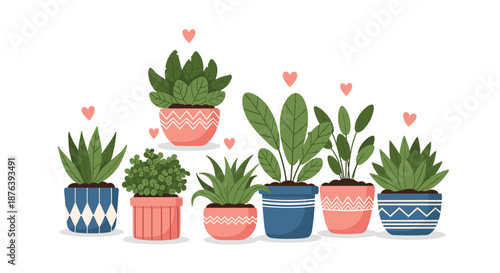 An adorable illustration of various green potted houseplants in colorful, patterned containers, adorned with tiny pink hearts.