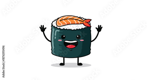 A cheerful cartoon sushi roll with a smiling face and ebi shrimp topping raises its arms in a happy, welcoming gesture, isolated on a white background.