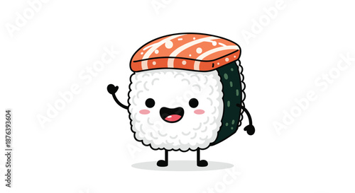 An adorable anthropomorphic sushi character with a happy face and salmon on top waves, isolated on a white background.