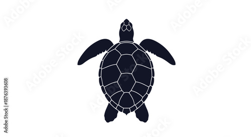 A minimalist top-down silhouette of a dark blue sea turtle with a distinct patterned shell, swimming on a clean white background.