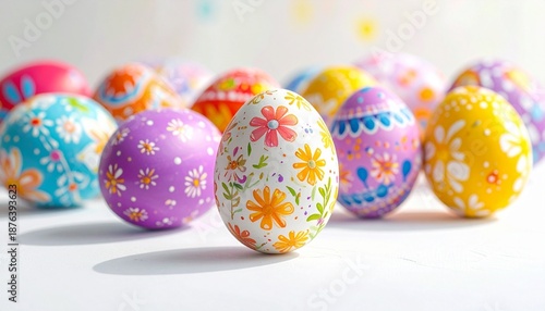 Cluster of brightly decorated Easter eggs with floral and geometric patterns on white surface, vibrant and festive.