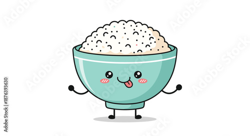 Adorable kawaii style bowl of steamed white rice with a playful facial expression and blush marks, isolated on white.