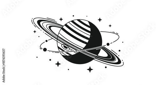 An abstract black and white illustration depicts a stylized planet with intricate rings, orbiting bodies, and sparkling stars against a minimalist background.