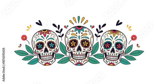Three vibrantly decorated sugar skulls, adorned with colorful flowers and leaves, arranged in a festive horizontal display for Day of the Dead celebrations.
