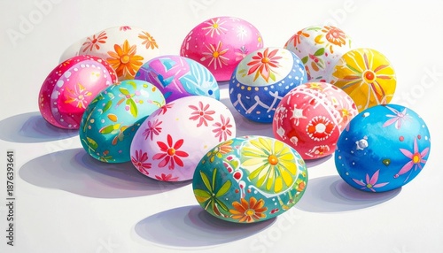 Cluster of brightly decorated Easter eggs with floral and geometric patterns on white surface, vibrant and festive.
