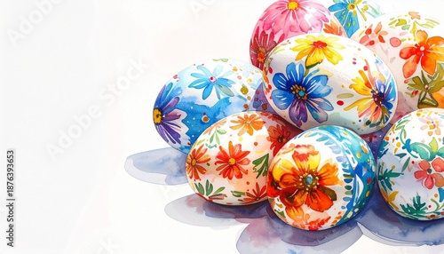 Cluster of brightly decorated Easter eggs with floral and geometric patterns on white surface, vibrant and festive.