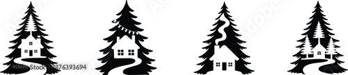 Forest cabin silhouette set with pine trees countryside houses winter nature landscape black and white vector illustration design