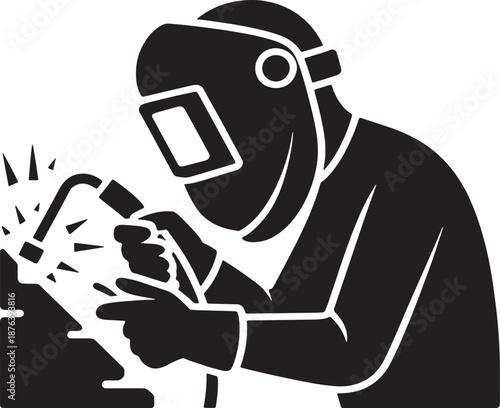 Black and white silhouette of a welder wearing a mask and protective gear working with a welding torch