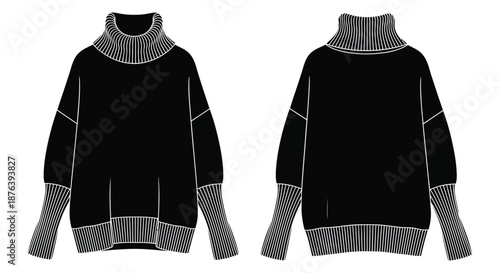 detailed technical drawing of a black turtleneck sweater with ribbed cuffs and hem silhouette high quality