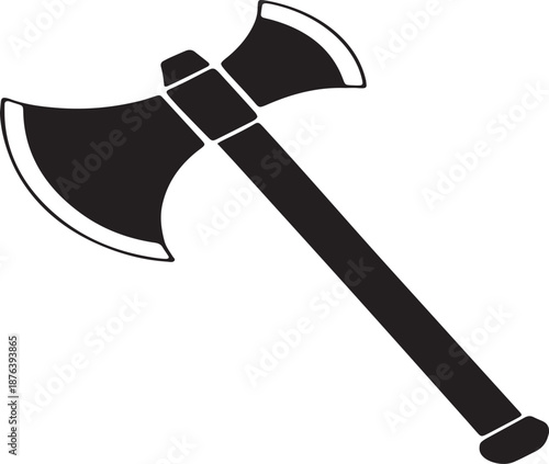 Black silhouette of a double-bladed battle axe with a long handle on a white background