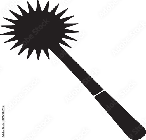 Black silhouette of a pinwheel toy with sharp pointed spokes on a white background
