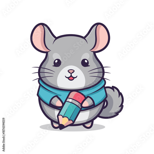 Adorable Cartoon Chinchilla with Pencil Illustration