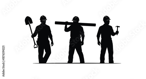 three construction workers in different poses holding tools silhouette high quality professional detailed modern elegant stylish