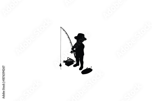 silhouette of a person fishing with a rod and basket on a transparent background