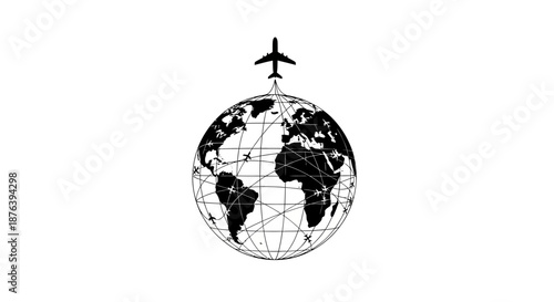 Black and White Globe with Airplane Flying.