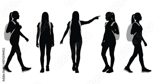 Five female figures in different poses with backpacks silhouette high quality professional detailed modern elegant stylish