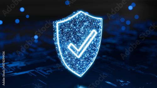 Cyber Shield: Illustrative glowing shield with check mark, representing protection and security, in a digital or technological setting.