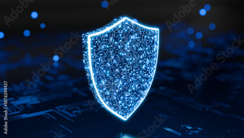 Digital Shield: A luminous, digitized shield, glowing against a backdrop of complex circuitry, symbolizing digital security and data protection.