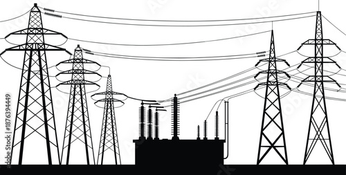 High voltage power grid silhouette, transmission towers and substation, overhead electric lines, industrial energy infrastructure, black white vector