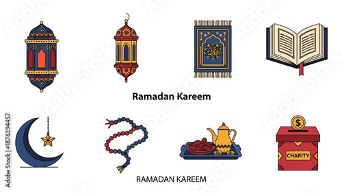 Ramadan Kareem symbols and objects for Islamic holiday