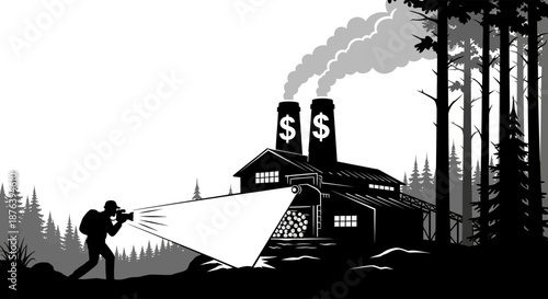 Man Shooting Gun at Factory with Dollar Signs.