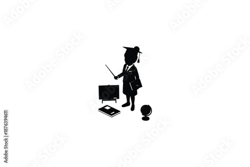 silhouette of a student in graduation cap and gown standing with a pointer near a blackboard globe and book