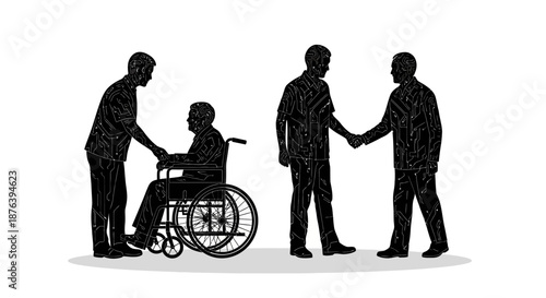 Disabled Man in Wheelchair with Caregivers.