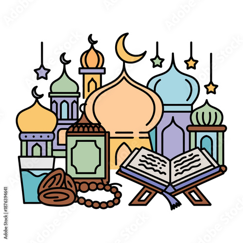 Islamic Illustration: A vibrant depiction of Islamic symbols, portraying mosque domes, moon, star, dates, rosary, lantern and open Quran, celebrating faith and culture.